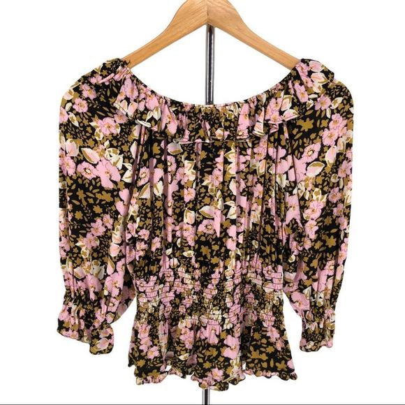 Free People Sweet Memories Floral Crepe Smocked Back Tie Front Ruffle Top - Picture 9 of 14